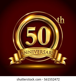 50th golden anniversary logo, fifty years birthday celebration with gold ring and golden ribbon.