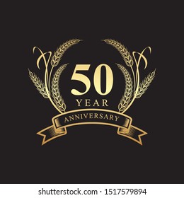 50th golden anniversary logo with ring and ribbon, laurel wreath vector design isolated on black background
