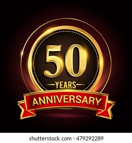 50th golden anniversary logo with ring and red ribbon. Vector design template elements for your birthday celebration.