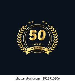 50th golden anniversary logo, with shiny ring and golden ribbon, laurel wreath isolated on navy blue background