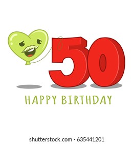 50th Happy birthday template element for design greeting cards, invitations. Cartoon illustration of a balloon character and numbers. Anniversary birthdays vector icon.