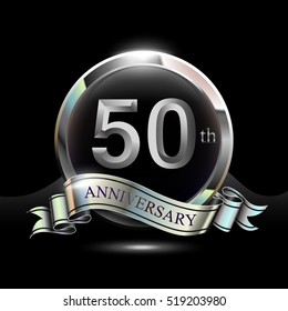 50th silver anniversary logo, vector celebration design with ring and ribbon.