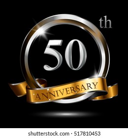 50th silver and gold anniversary logo, vector celebration design with ring and ribbon.