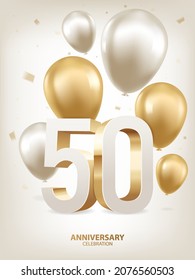 50th Year anniversary celebration background. Golden and silver balloons with confetti on white background with 3D numbers.