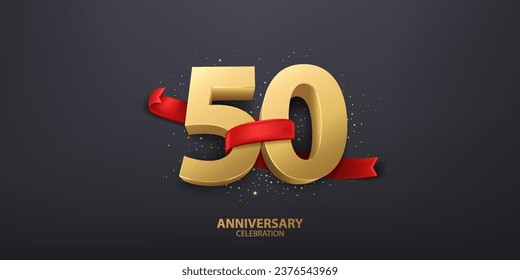 50th Year anniversary celebration background. 3D Golden number wrapped with red ribbon and confetti, isolated on dark background.
