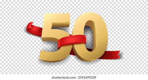 50th Year anniversary celebration background. 3D Golden number wrapped with red ribbon and confetti, isolated on transparent background.