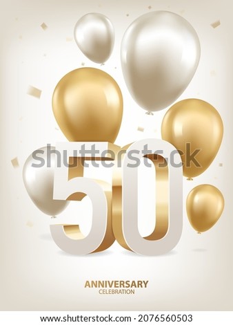 50th Year anniversary celebration background. Golden and silver balloons with confetti on white background with 3D numbers.
