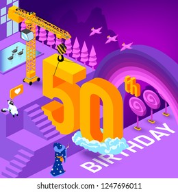 50th year Anniversary Celebration concept with characters. Flat isometric vector illustration