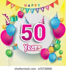 50th years Anniversary Celebration, birthday card or greeting card design with gift box and balloons, Colorful vector elements for the celebration party of fifty years anniversary.