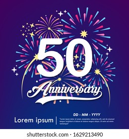 50th years anniversary celebration emblem. white anniversary logo isolated with colorful fireworks background. vector illustration template design for web, flyers, poster, greeting & invitation card svg