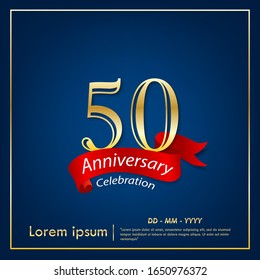 50th years anniversary celebration emblem. anniversary elegance golden logo with red ribbon on dark blue background, vector illustration template design for celebration greeting and invitation card
