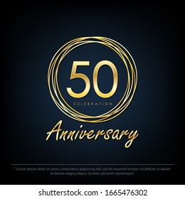 50th years anniversary celebration emblem. elegance golden anniversary logo with rings on black background, vector illustration template design for web, flyers, greeting card & invitation card