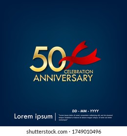 50th years anniversary celebration emblem. anniversary elegance golden logo with red ribbon on dark blue background, vector illustration template design for celebration greeting and invitation card