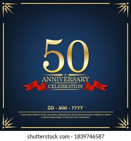 50th years anniversary celebration emblem. anniversary elegance golden logo with red ribbon on dark blue background, vector illustration template design for celebration greeting and invitation card