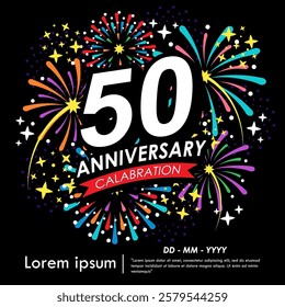 50th years anniversary celebration emblem. anniversary logo isolated with red ribbon, stars and fireworks sparkle twinkle. vector illustration template design for web, flyers, poster, greeting card