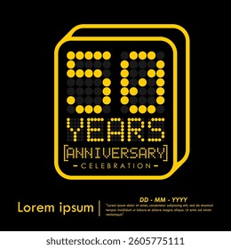 50th years anniversary celebration emblem. yellow anniversary logo isolated medal badge of digital dotted with letters, numbers on black background. vector illustration template design