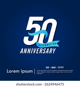 50th years anniversary celebration emblem. elegant anniversary logo isolated with blue ribbon on dark blue background. vector illustration template design for web, flyers, poster, greeting card