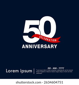 50th years anniversary celebration emblem. elegant anniversary logo isolated with red ribbon on dark blue background. vector illustration template design for web, flyers, poster, invitation card