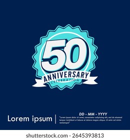 50th years anniversary celebration emblem. congratulation anniversary blue medal logo isolated with ribbon on blue background. vector illustration template design for web banner