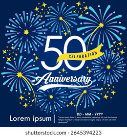 50th years anniversary celebration emblem. congratulations anniversary logo isolated with yellow ribbon and fireworks sparkle on blue background. vector illustration template design for web banner