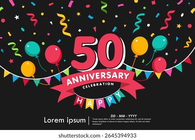 emblème de la célébration du 50e anniversaire. félicitations logo anniversaire isolé avec des confettis colorés, drapeau de bruant, ballons et ruban. conception de template d'illustration vectorielle pour la bannière de web