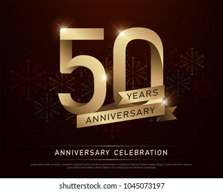 50th years anniversary celebration gold number and golden ribbons with fireworks on dark background. vector illustration