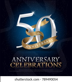 50th years anniversary celebration silver and gold logo with golden ribbon on dark blue background. vector illustrator