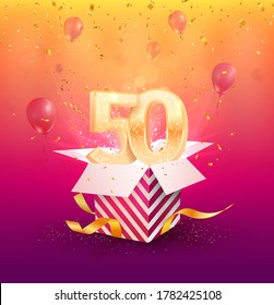 50 Jahre Jubiläum Vektordesign-Element. Einzeln Fünfzig Jahre Jubiläum mit Geschenkbox, Ballons und Konfetti auf buntem Hintergrund.