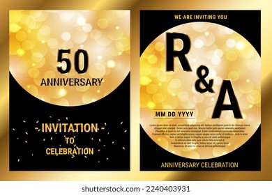 50th years birthday vector black paper luxury invitation double card. Wedding anniversary celebration brochure. Template of invitational for print black and gold background