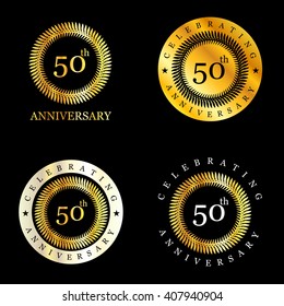 50th Years Celebrating Anniversary golden laurel wreath. Set of Golden Anniversary Signs Badges