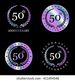 50th Years Celebrating Anniversary Purple Metalic wreath. Set of Anniversary Signs Badges
