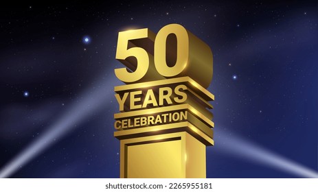 50th Years Celebration, 3D Gold Statue with Spotlights, Luxury Hollywood Light, Vector Illustration