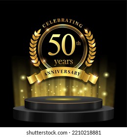 50th years golden anniversary logo celebration with ring ribbon and 3d podium. isolated on black background