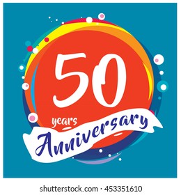 50th years greeting card anniversary with colorful number and frame. logo and icon with circle badge and background