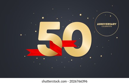 50year Anniversary Banner With Red Ribbon On White. 50th Years Celebration. Poster Or Brochure Template. Vector EPS 10. Isolated On Background.