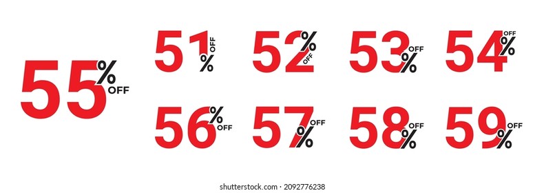 51%, 52%, 53%, 54%, 55%, 56%, 57%, 58%, 59% Discount. Sale tags set vector badges template. Sale offer price sign. Special offer symbol. Discount promotion. Discount badge shape. Vector design 