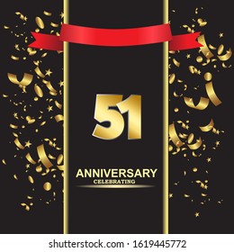 51 anniversary logo with confetti golden colored and red ribbon isolated on black background, vector design for greeting card and invitation card