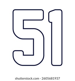 51 Classic Vintage Sport Jersey  Uniform numbers in black with a black outside contour line number on white background for American football, Baseball and Basketball or soccer for shirt