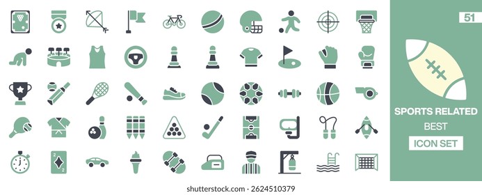 51 Editable Sports Icons: Creative Vector Designs Featuring Equipment and Activities like Football, Chess, Cycling, Swimming, and Tennis for Modern Digital Projects	