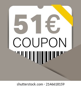 51 Euro Coupon promotion sale for a website, internet ads, social media gift 51 off discount voucher. Big sale and super sale coupon discount. Price Tag Mega Coupon discount with vector illustration.