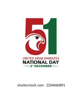 51 National Day of United Arab Emirates. Text Arabic Translation: Our National Day. December 2. Eagle or Hawk symbol. Vector Logo. Eps 08. 