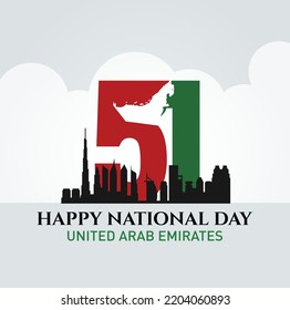 51 National Day of United Arab Emirates. Text Arabic Translation: Our National Day. December 2. UAE map symbol. Vector Logo. Eps 08. 