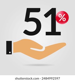 51% off promotion. Fifty one percent of discount with hand icon. Sale symbol. Discount creative composition. Vector illustration.