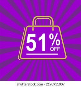51% off. Purple, white and yellow banner with fifty one percent discount. Shopping bag concept.