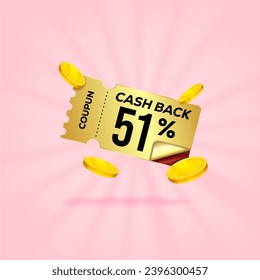 51 percent gift voucher with coupon Cash back. For business promotion sales and Discount online purchases. Tag label, sale banner with golden coin cash back. 