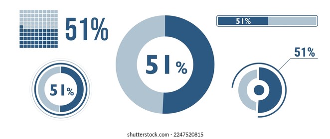 51 percent loading data icon set. Fifty-one circle diagram, pie donut chart, progress bar. 51% percentage infographic. Vector concept collection, blue color.