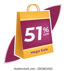 51 percent off. 3D Yellow shopping bag concept in white background.