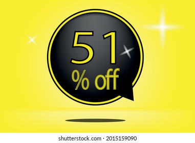 51 percent off black balloon and floating. with yellow background, banner 51% off yellow, shadow