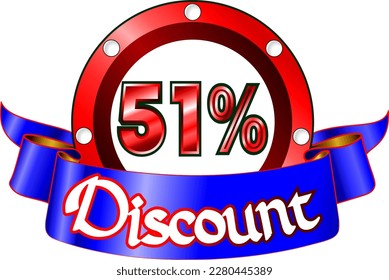 51 percent off, red disk and blue ribbon, vector illustration for wholesale and retail, illustrative art, beautiful percentage % illustration, vector banner. God is good!