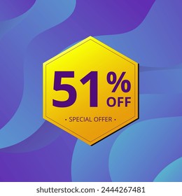 51% Sale and Discount Label. Fifty one percent Sale Discount label Geometric design. Abstract Blue and Yellow Hexagon. Vector illustration.